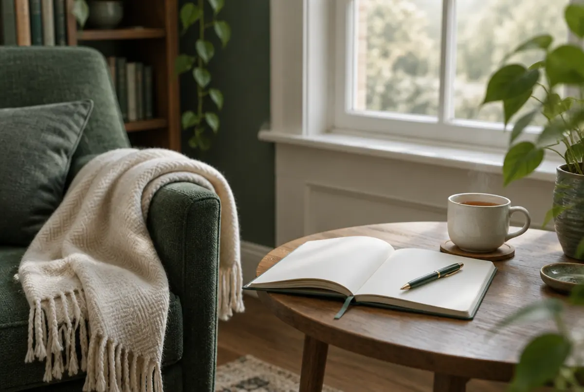 A calm reading corner with a journal and tea